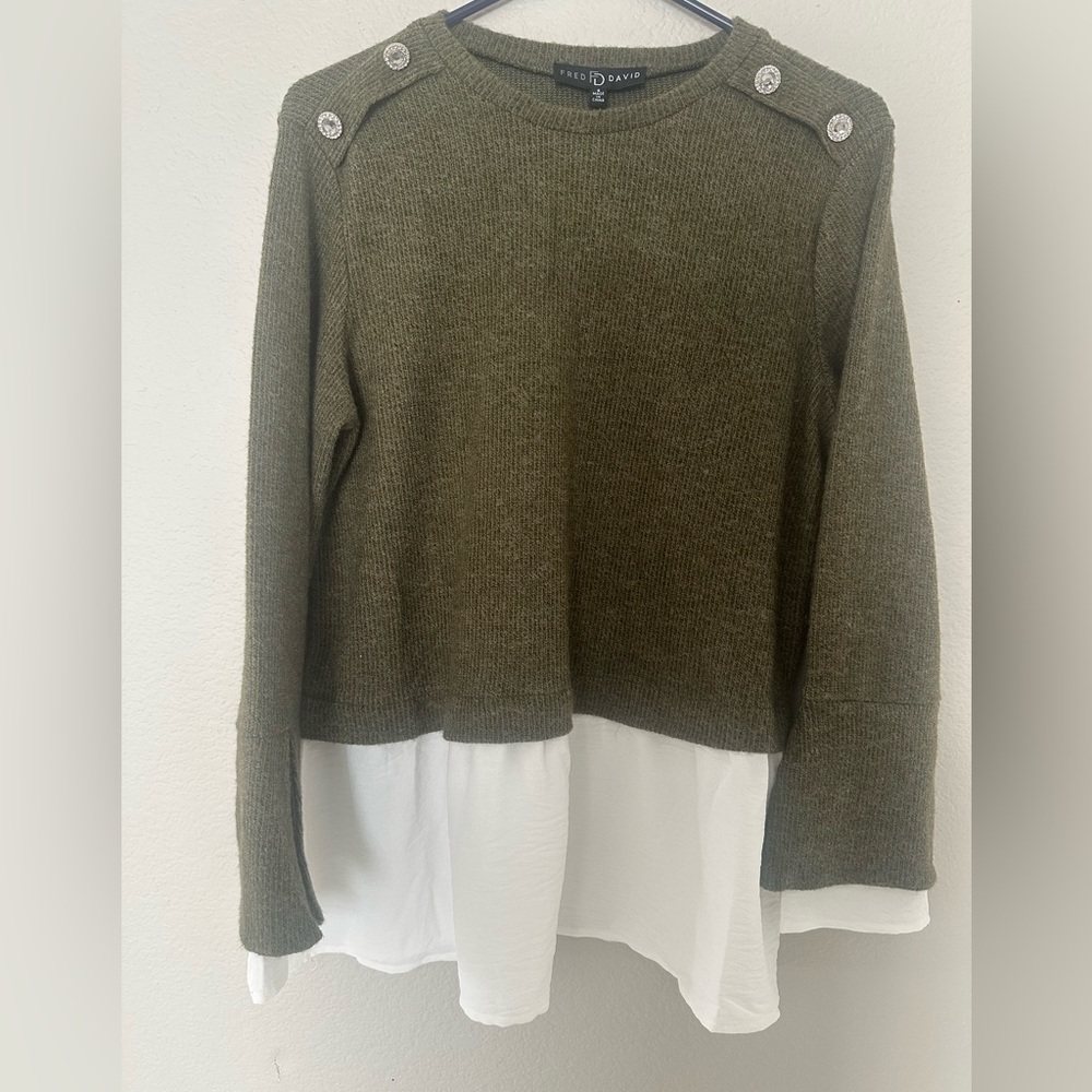 NWT SIZE S SMALL FRED DAVID SWEATER SHIRT OLIVE GREEN WHITE ONE PIECE